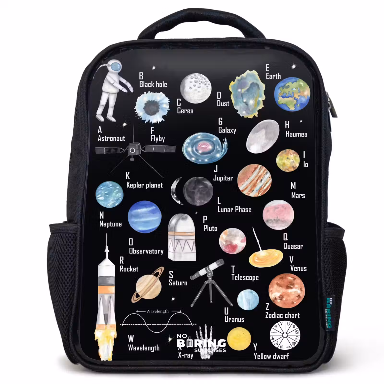 Kinderrucksack - Schwarz - Thema Alphabet im Weltraum — 1