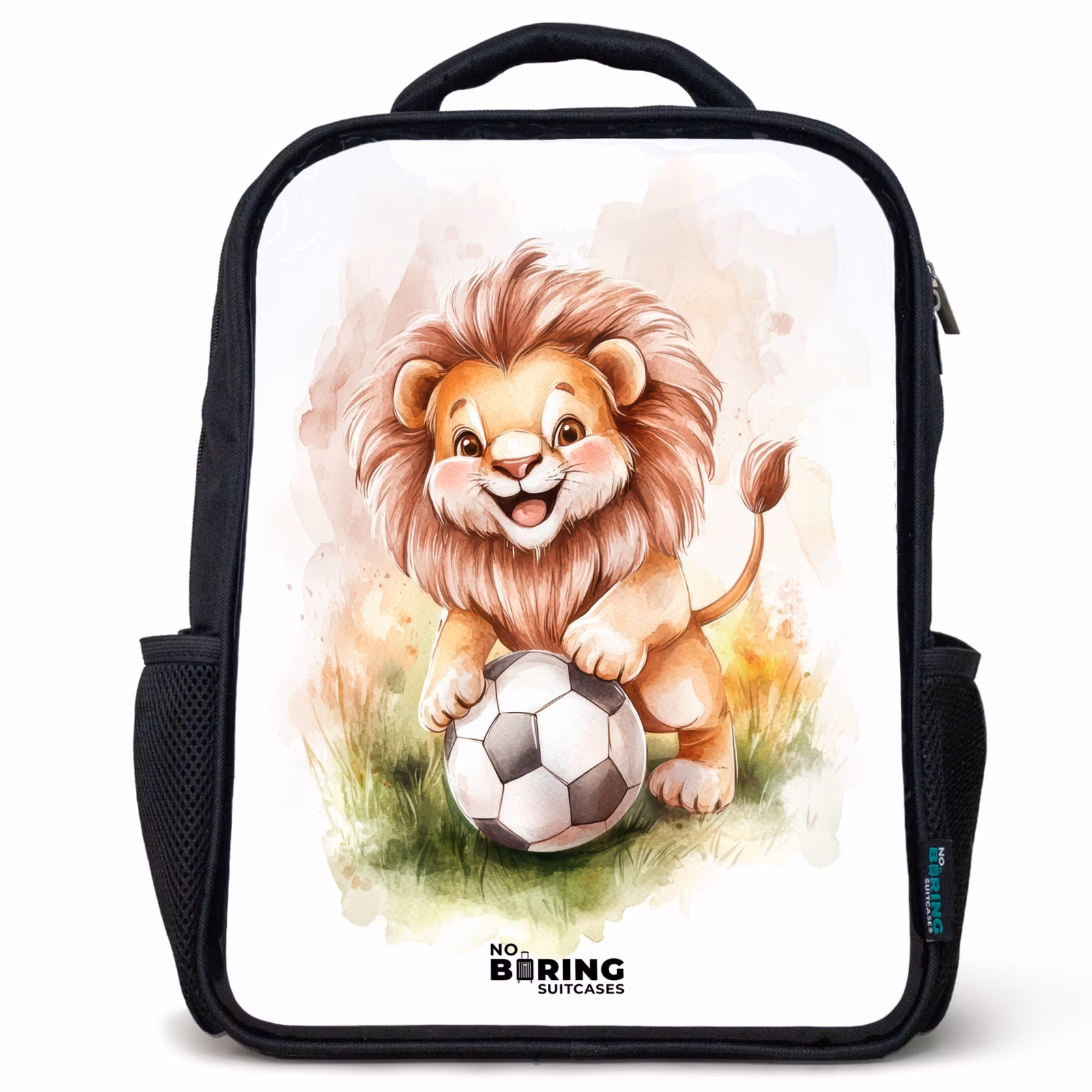 Kinderrucksack - Schwarz - Verspielter Löwe mit Fußball auf Rasen — 1