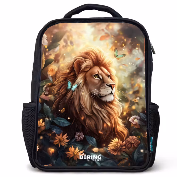Kinderrucksack - Schwarz - Löwe mit Schmetterlingen im blühenden Dschungel — 1