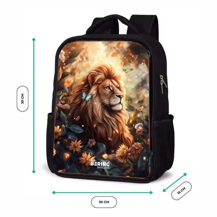 Kinderrucksack - Schwarz - Löwe mit Schmetterlingen im blühenden Dschungel — 6