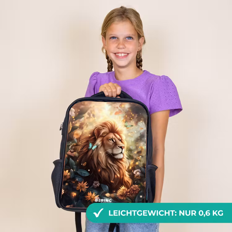 Kinderrucksack - Schwarz - Löwe mit Schmetterlingen im blühenden Dschungel — 7