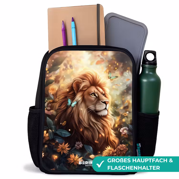 Kinderrucksack - Schwarz - Löwe mit Schmetterlingen im blühenden Dschungel — 8