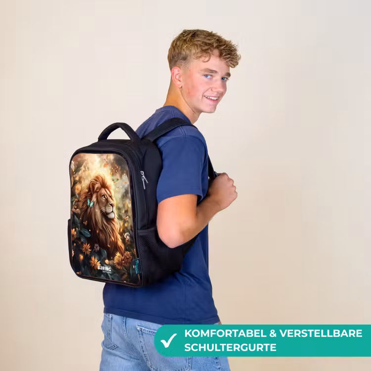Kinderrucksack - Schwarz - Löwe mit Schmetterlingen im blühenden Dschungel — 9