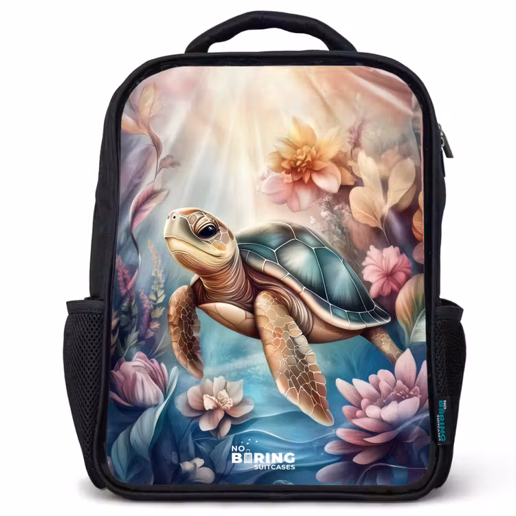 Kinderrucksack - Schwarz - Meeresschildkröte zwischen Unterwasserblumen — 1