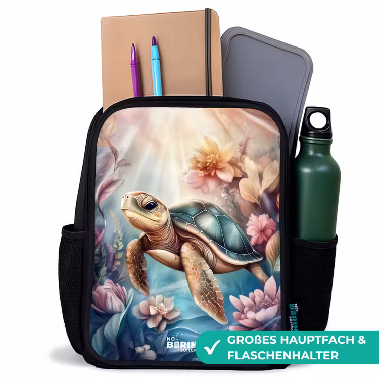 Kinderrucksack - Schwarz - Meeresschildkröte zwischen Unterwasserblumen — 8