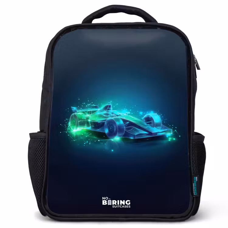 Kinderrucksack - Schwarz - Neon-Rennwagen im digitalen Stil — 1