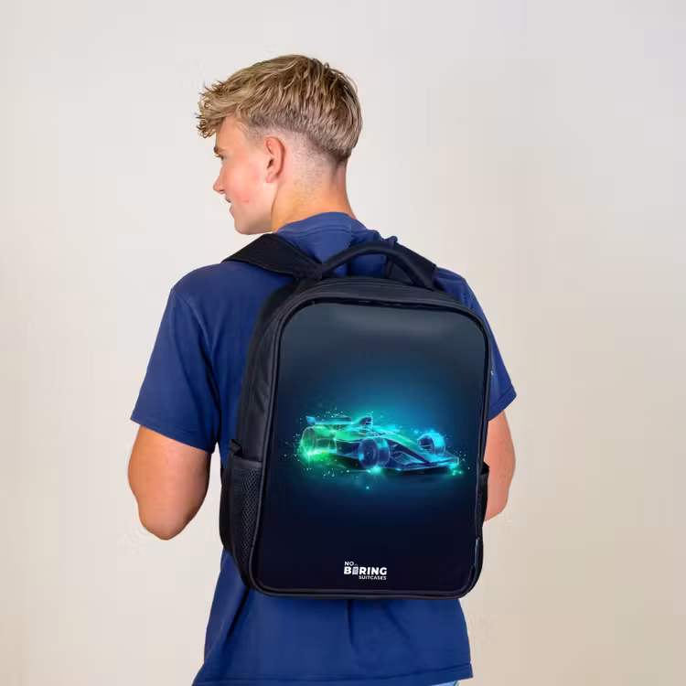 Kinderrucksack - Schwarz - Neon-Rennwagen im digitalen Stil — 3