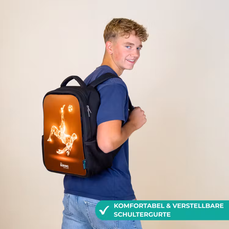 Kinderrucksack - Schwarz - Orangefarbener Leichtfußballer im Schwebemoment — 9