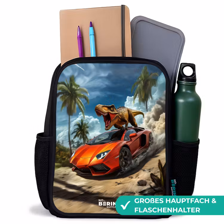 Kinderrucksack - Schwarz - Roter Sportwagen mit Dino rast durch tropischen Strand — 8