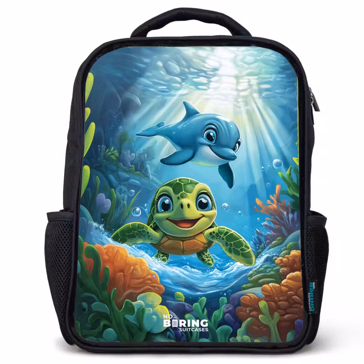 Kinderrucksack - Schwarz - Schildkröte und Delfin im blauen Ozean — 1