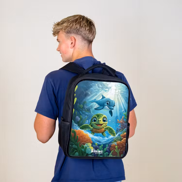 Kinderrucksack - Schwarz - Schildkröte und Delfin im blauen Ozean — 3