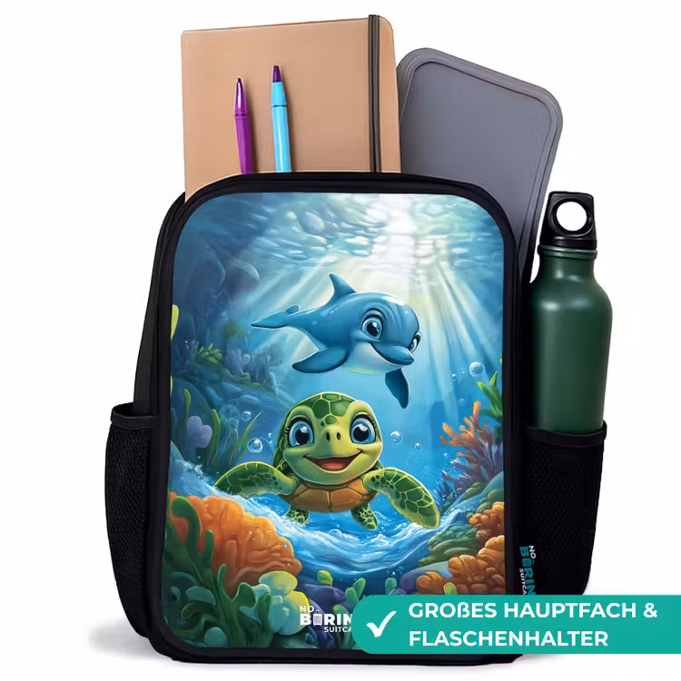 Kinderrucksack - Schwarz - Schildkröte und Delfin im blauen Ozean — 8