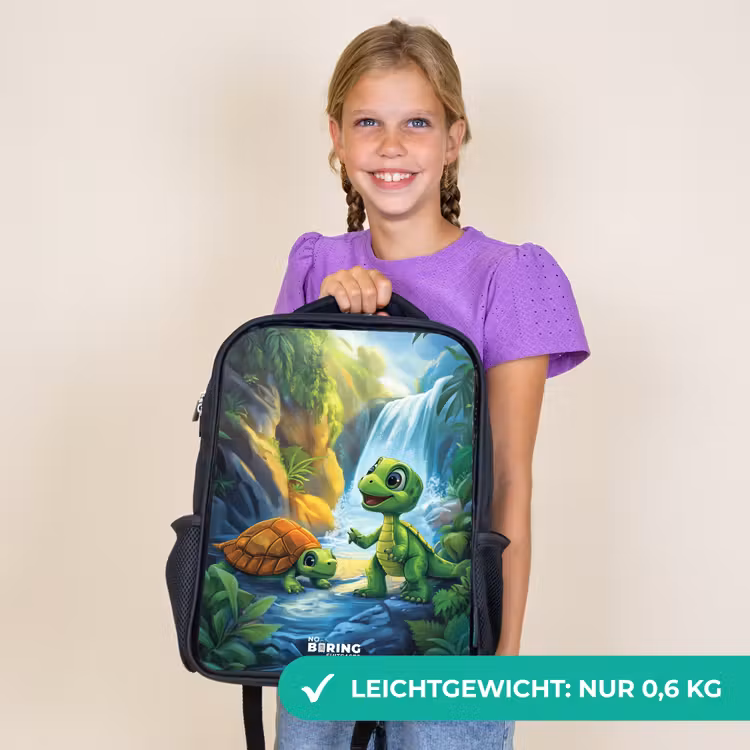 Kinderrucksack - Schwarz - Schildkröte und Dino am Wasserfall im tropischen Wald — 7
