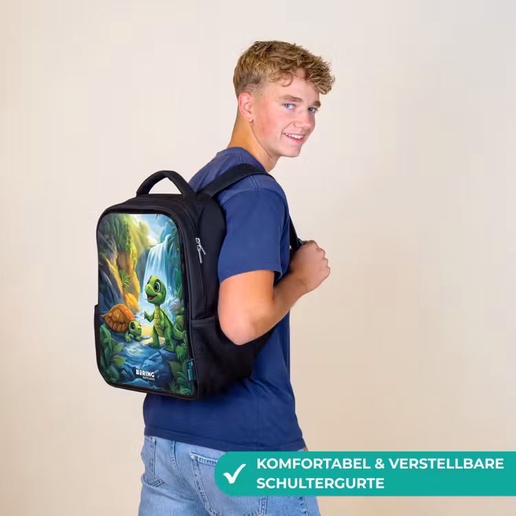 Kinderrucksack - Schwarz - Schildkröte und Dino am Wasserfall im tropischen Wald — 9