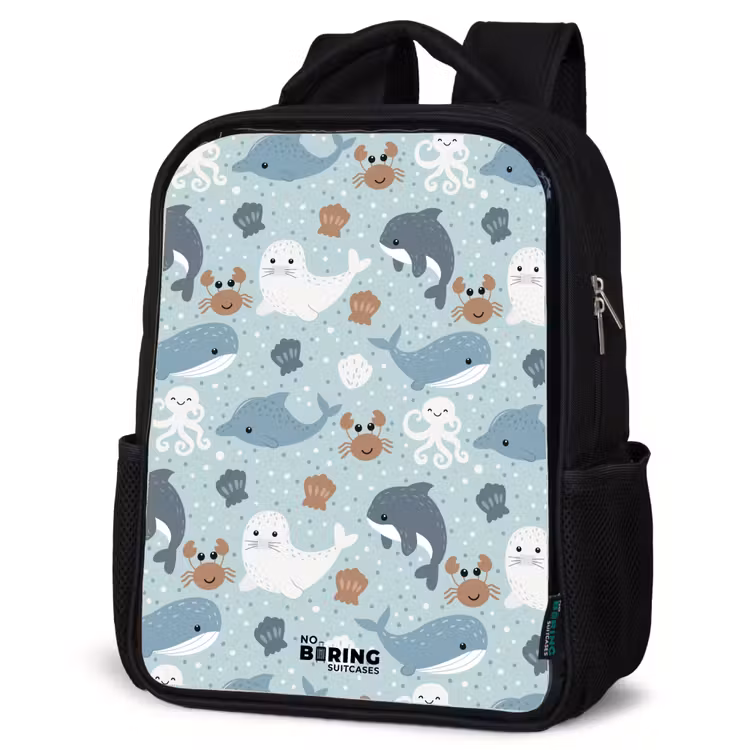Kinderrucksack - Schwarz - Seetiermuster mit Delphinen, Robben und Krabben — 4