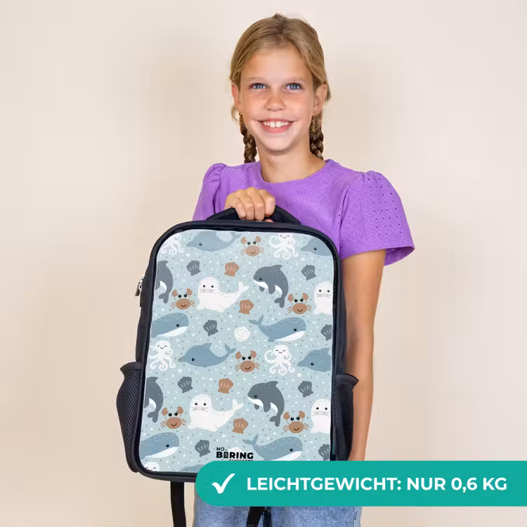 Kinderrucksack - Schwarz - Seetiermuster mit Delphinen, Robben und Krabben — 7