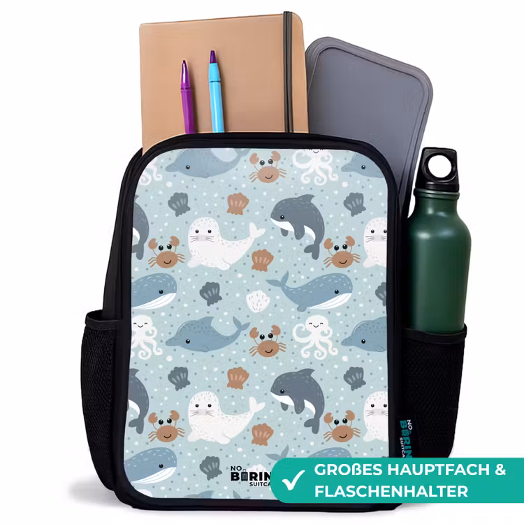 Kinderrucksack - Schwarz - Seetiermuster mit Delphinen, Robben und Krabben — 8