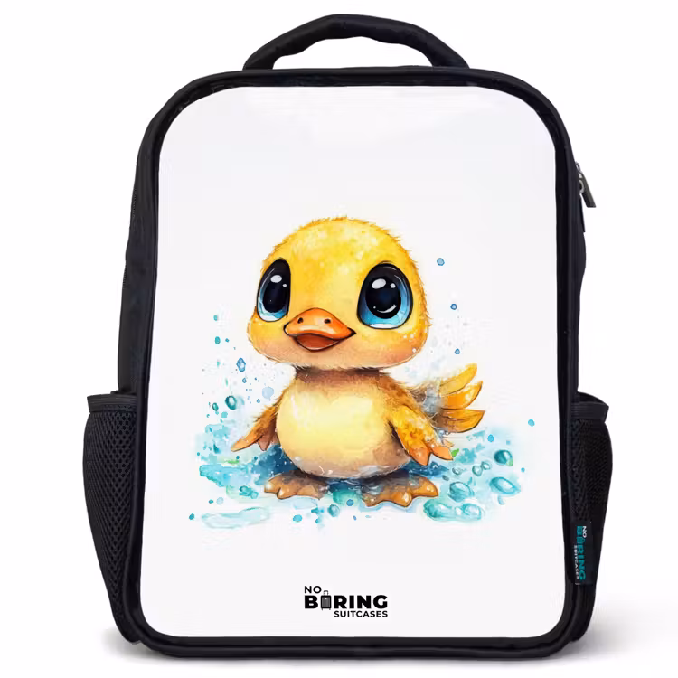 Kinderrucksack - Schwarz - Süßes Entenküken mit blauen Augen und Wasserspritzern — 1