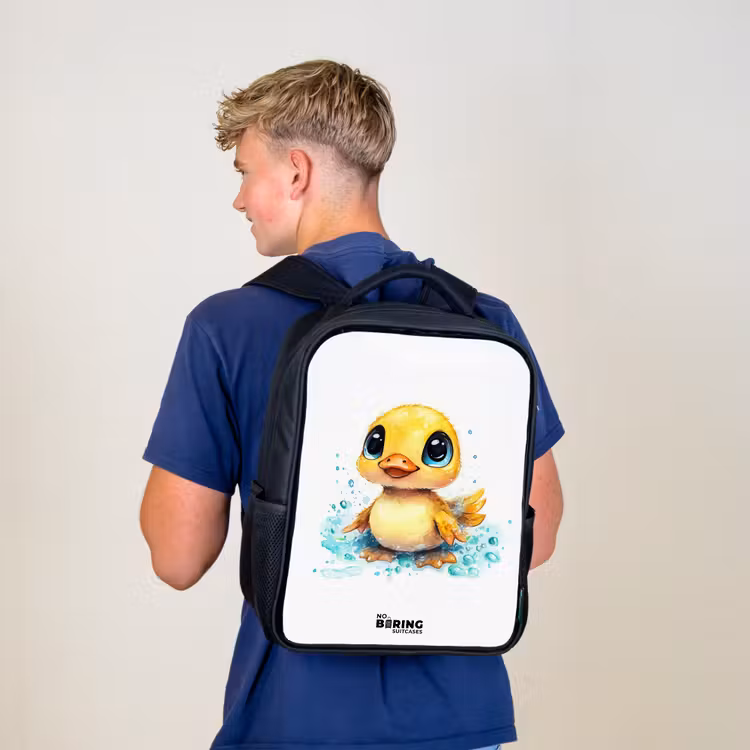 Kinderrucksack - Schwarz - Süßes Entenküken mit blauen Augen und Wasserspritzern — 3