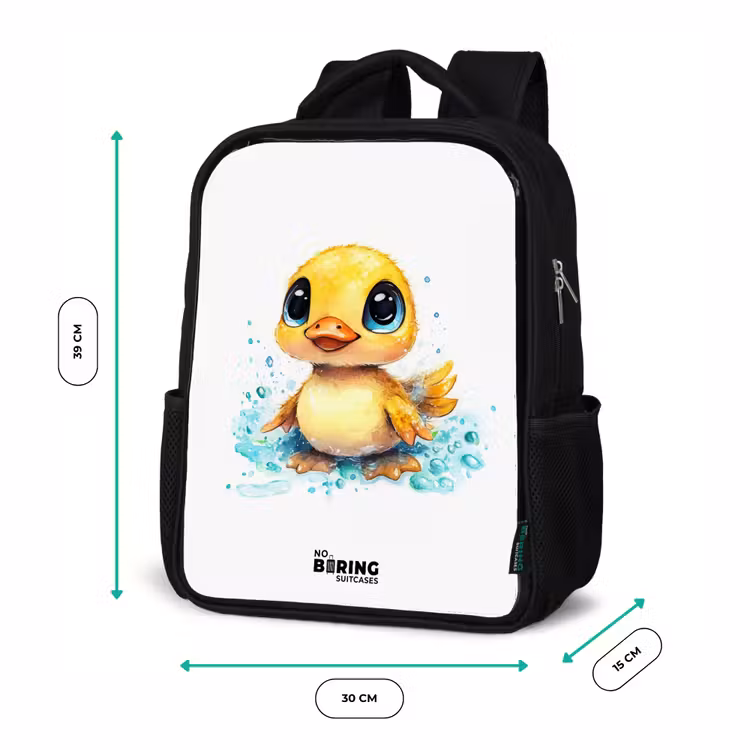 Kinderrucksack - Schwarz - Süßes Entenküken mit blauen Augen und Wasserspritzern — 6
