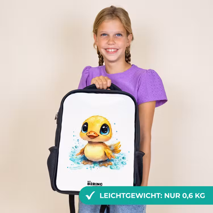 Kinderrucksack - Schwarz - Süßes Entenküken mit blauen Augen und Wasserspritzern — 7