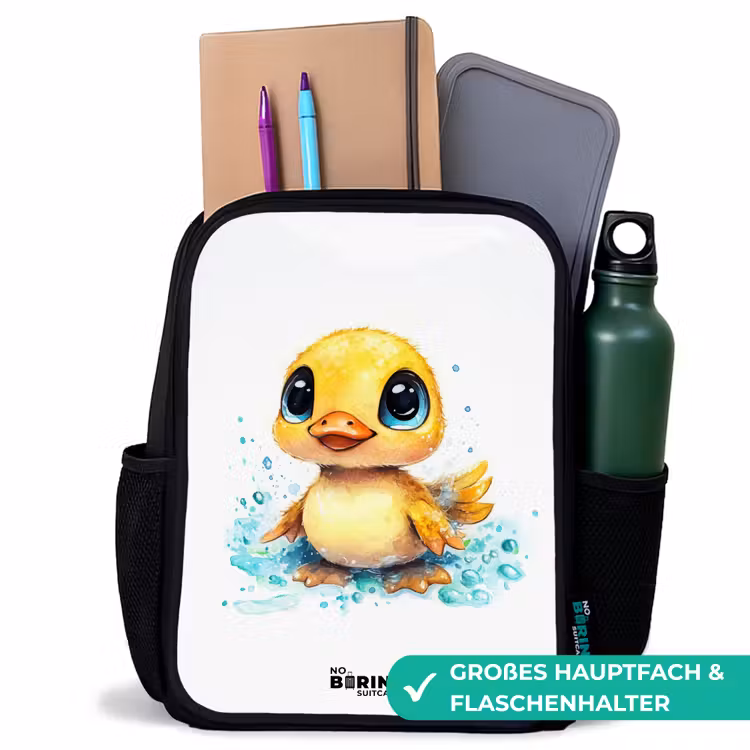Kinderrucksack - Schwarz - Süßes Entenküken mit blauen Augen und Wasserspritzern — 8