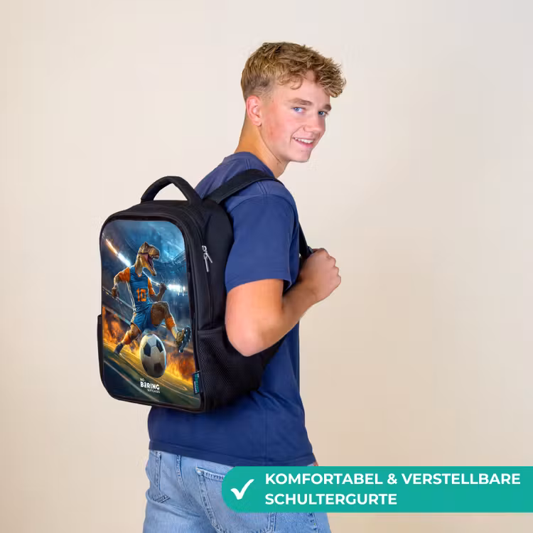 Kinderrucksack - Schwarz - T-Rex als Fußballer im vollen Stadion — 9