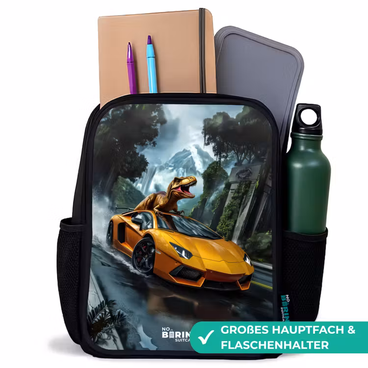 Kinderrucksack - Schwarz - T-Rex auf orangefarbenem Sportwagen im verregneten Wald — 8