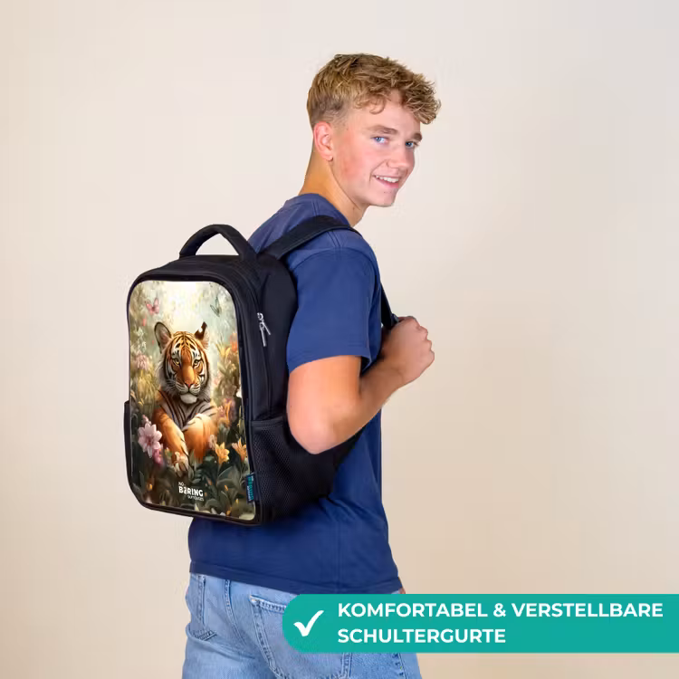 Kinderrucksack - Schwarz - Tiger im Blumenfeld mit Schmetterlingen und Sonnenlicht — 9