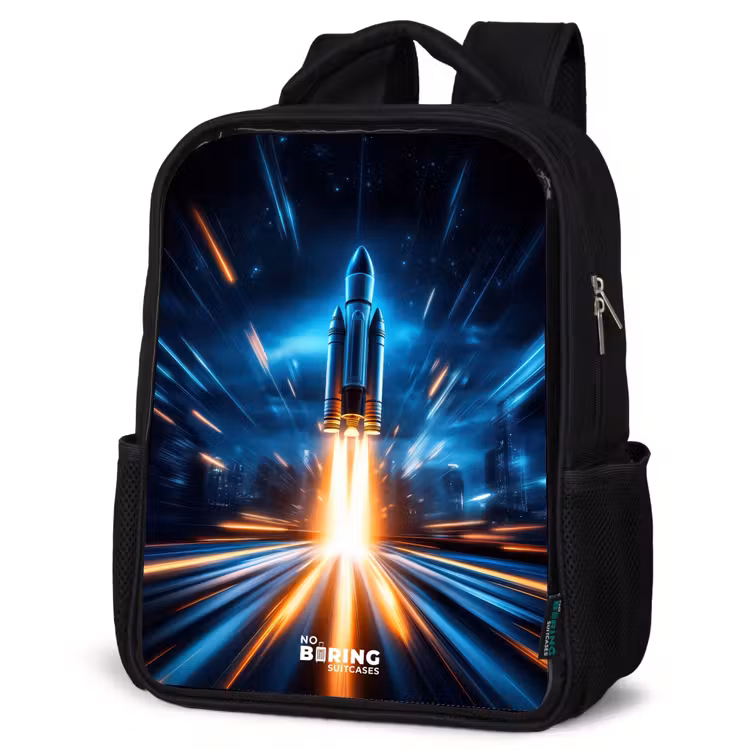 Kinderrucksack - Schwarz - Weltraumrakete hebt in nächtlicher Lichtshow ab — 4