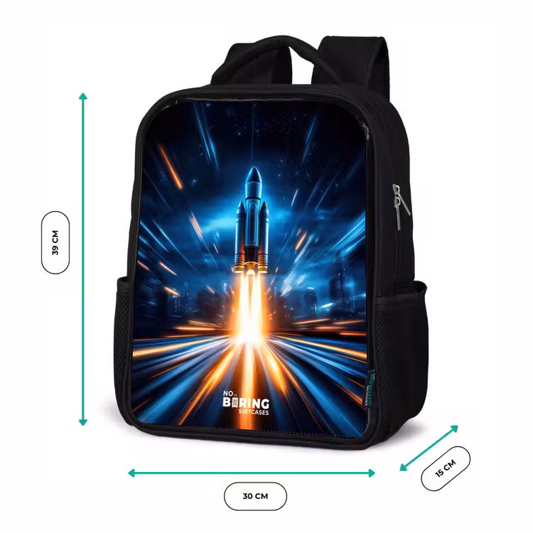 Kinderrucksack - Schwarz - Weltraumrakete hebt in nächtlicher Lichtshow ab — 6