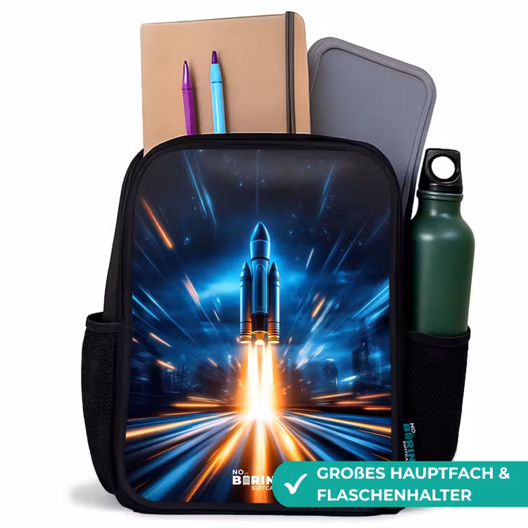 Kinderrucksack - Schwarz - Weltraumrakete hebt in nächtlicher Lichtshow ab — 8