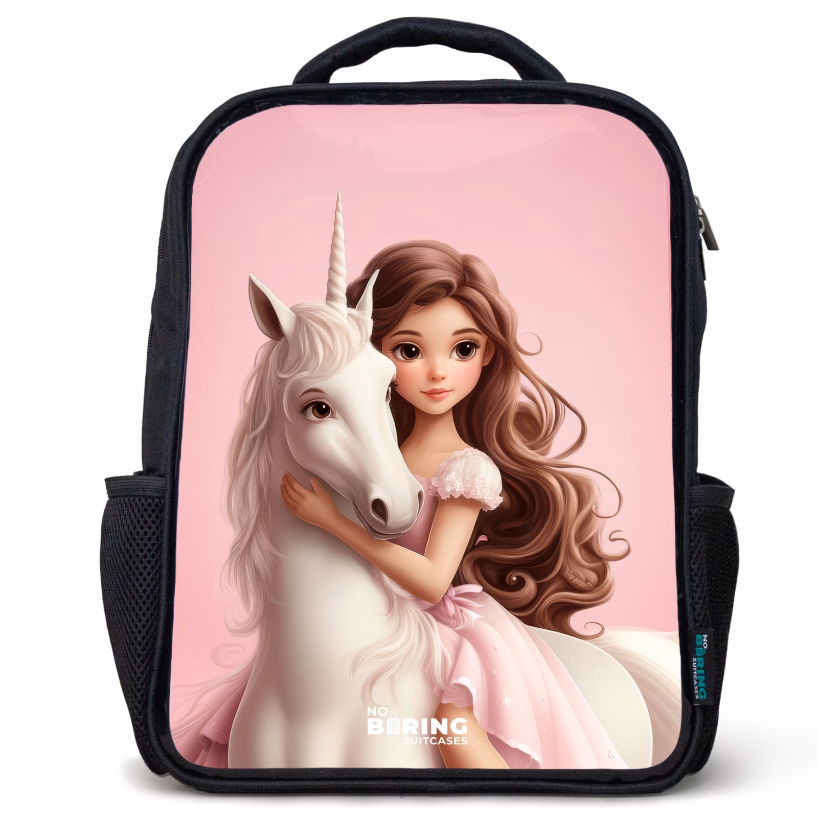 Kinderrucksack - Schwarz - Mädchen mit weißem Einhorn auf rosa Hintergrund — 1