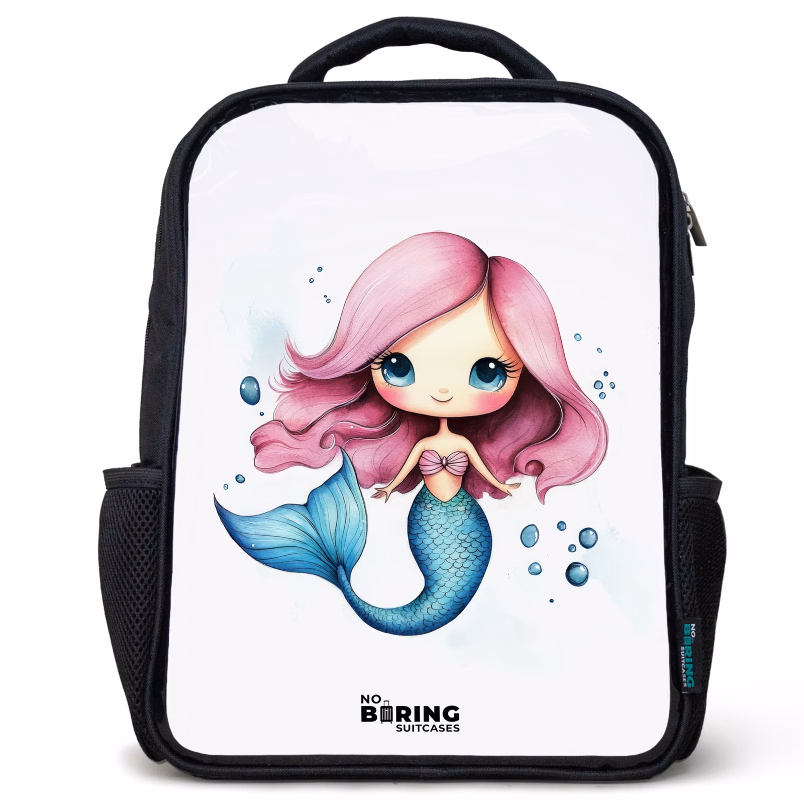 Kinderrucksack - Schwarz - Meerjungfrau mit rosa Haaren und blauem Schwanz zwischen Blasen — 1