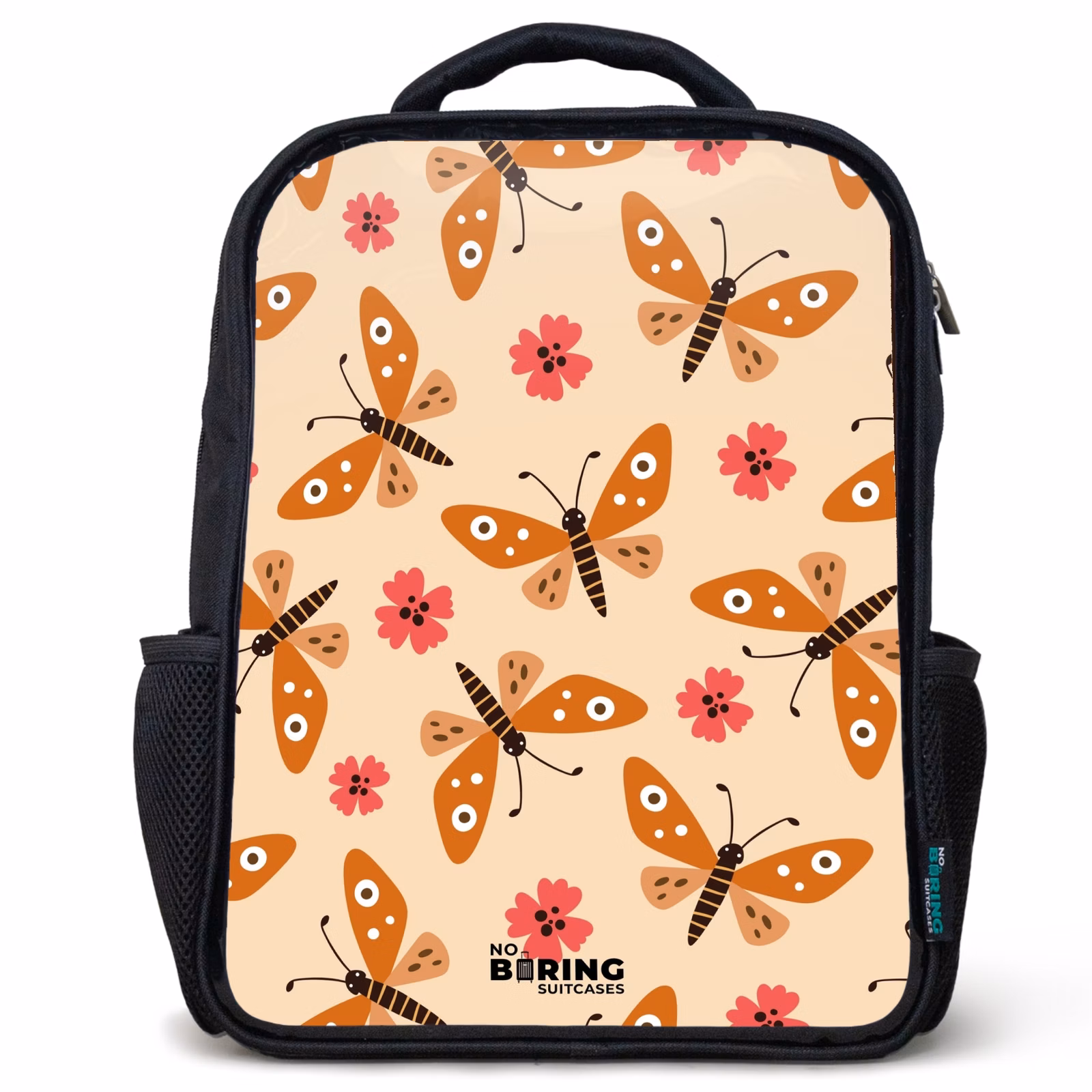 Kinderrucksack - Schwarz - Orangefarbene Schmetterlinge und rosa Blumen auf beigem Hintergrund — 1
