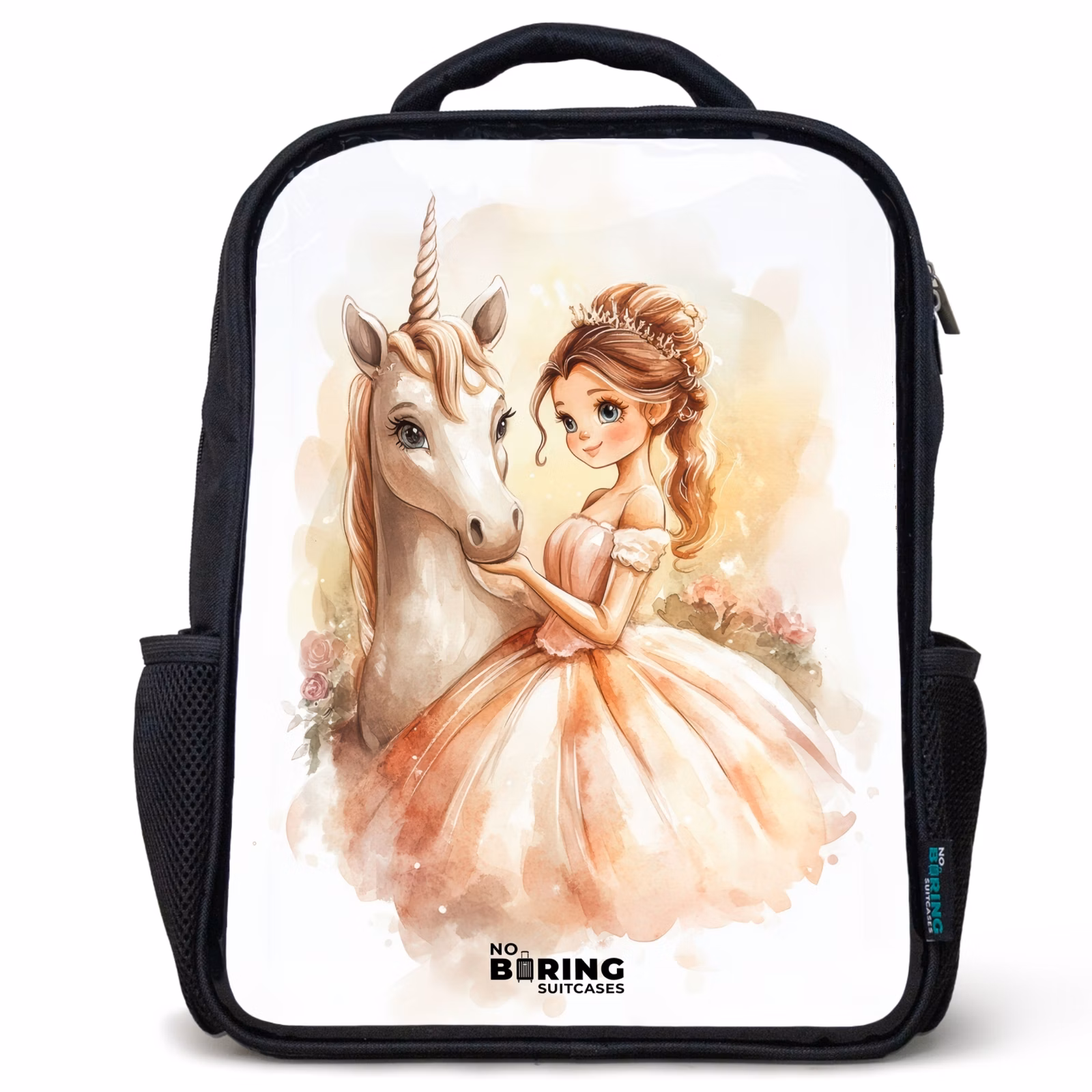 Kinderrucksack - Schwarz - Prinzessin im Kleid mit weißem Einhorn — 1