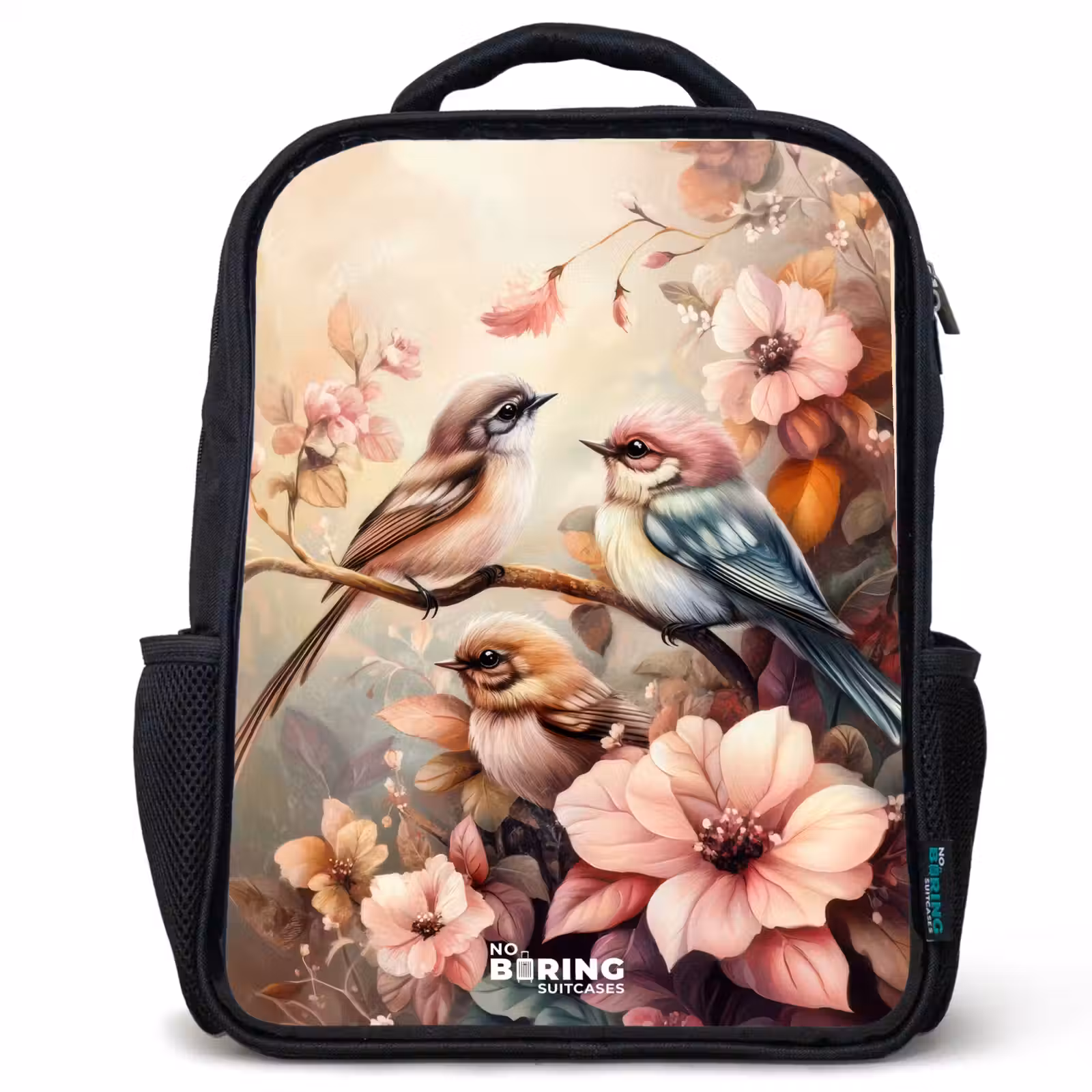 Kinderrucksack - Schwarz - Vögel mit rosa Blumen — 1