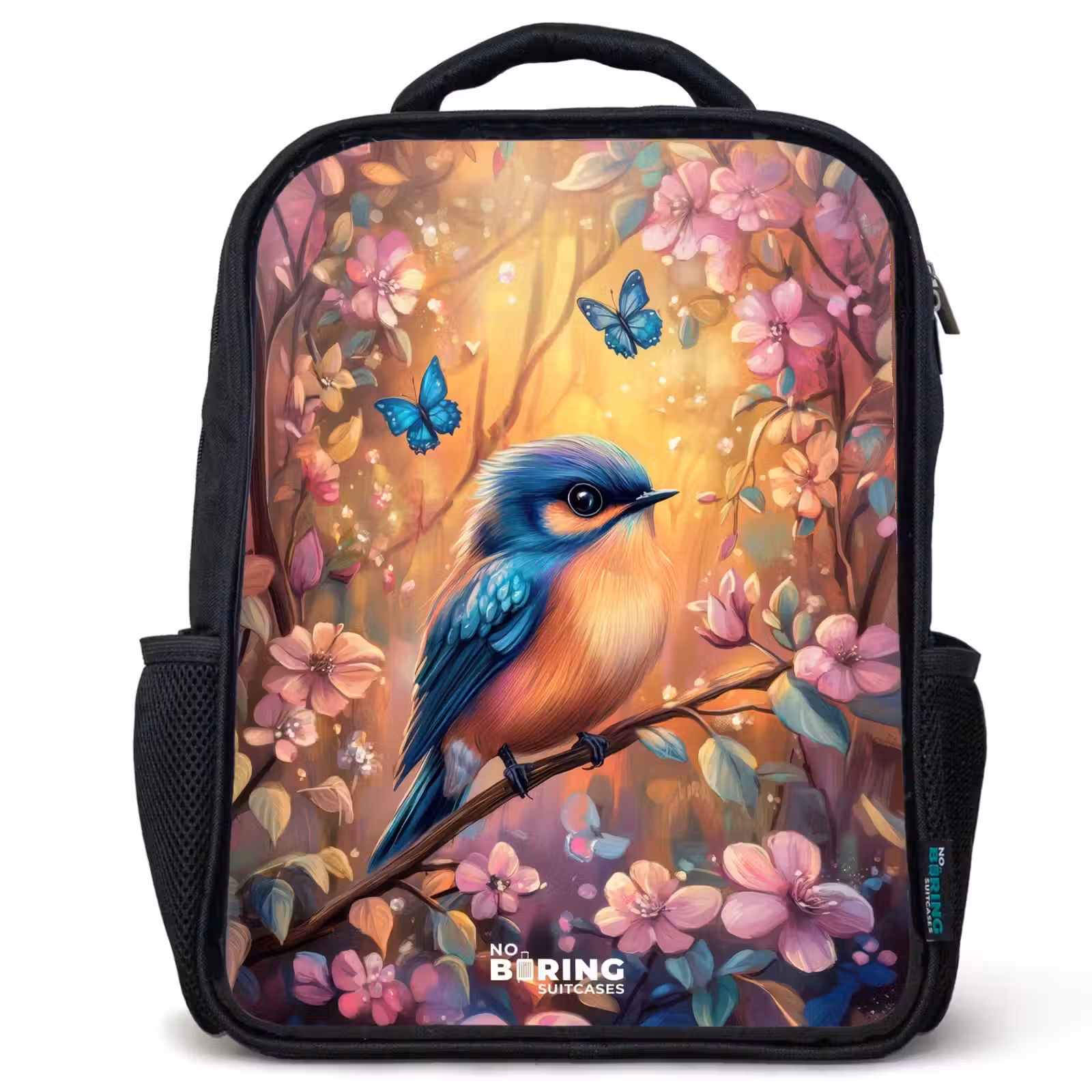 Kinderrucksack - Schwarz - Vogel mit Schmetterlingen im bunten Wald. — 1