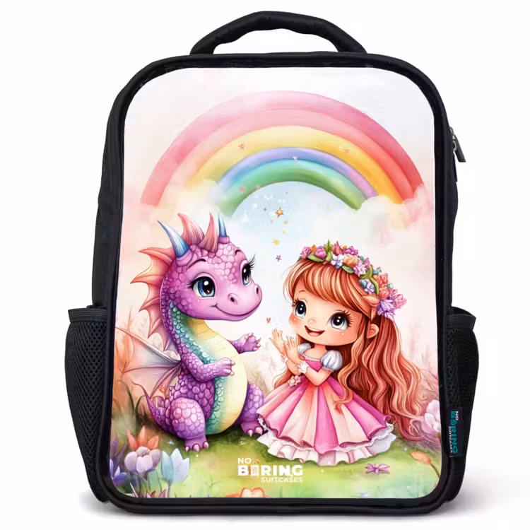 Kinderrucksack - Schwarz - Mädchen mit lila Drache unter Regenbogen — 1