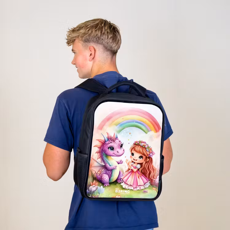 Kinderrucksack - Schwarz - Mädchen mit lila Drache unter Regenbogen — 3