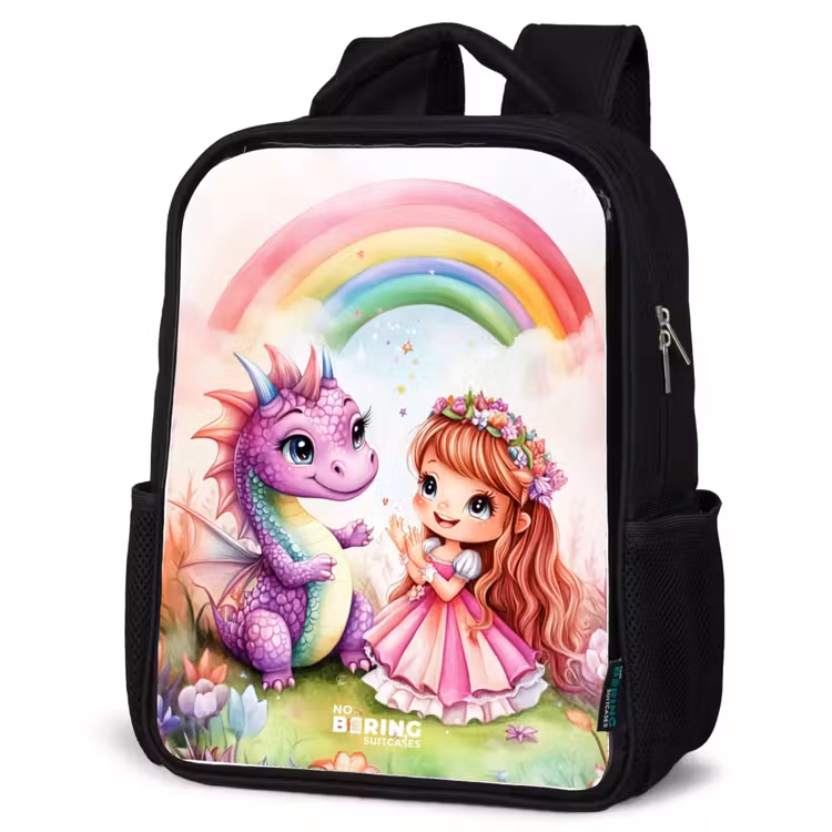Kinderrucksack - Schwarz - Mädchen mit lila Drache unter Regenbogen — 4