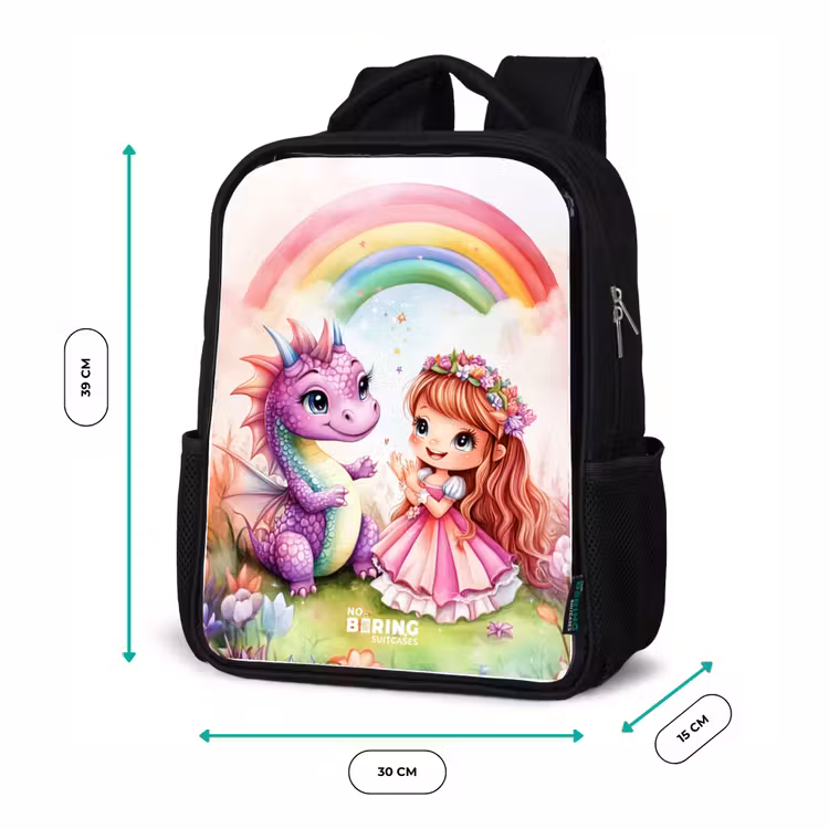 Kinderrucksack - Schwarz - Mädchen mit lila Drache unter Regenbogen — 6