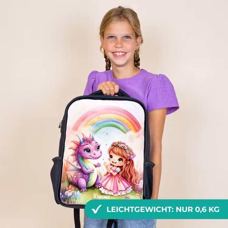 Kinderrucksack - Schwarz - Mädchen mit lila Drache unter Regenbogen — 7