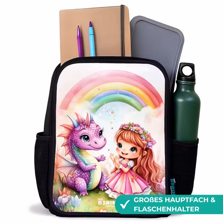 Kinderrucksack - Schwarz - Mädchen mit lila Drache unter Regenbogen — 8
