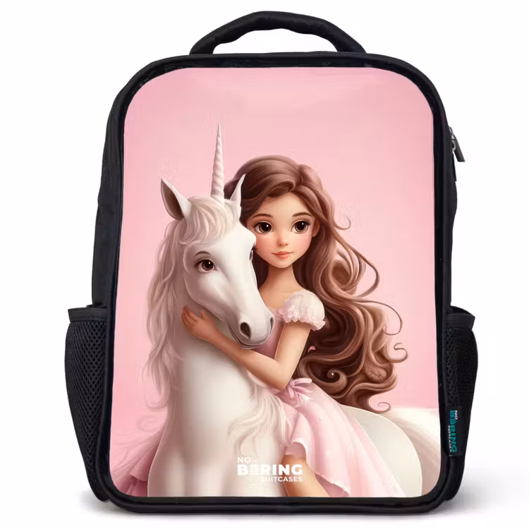 Kinderrucksack - Schwarz - Mädchen mit weißem Einhorn auf rosa Hintergrund — 1