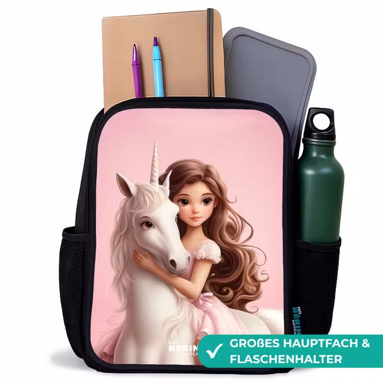 Kinderrucksack - Schwarz - Mädchen mit weißem Einhorn auf rosa Hintergrund — 8