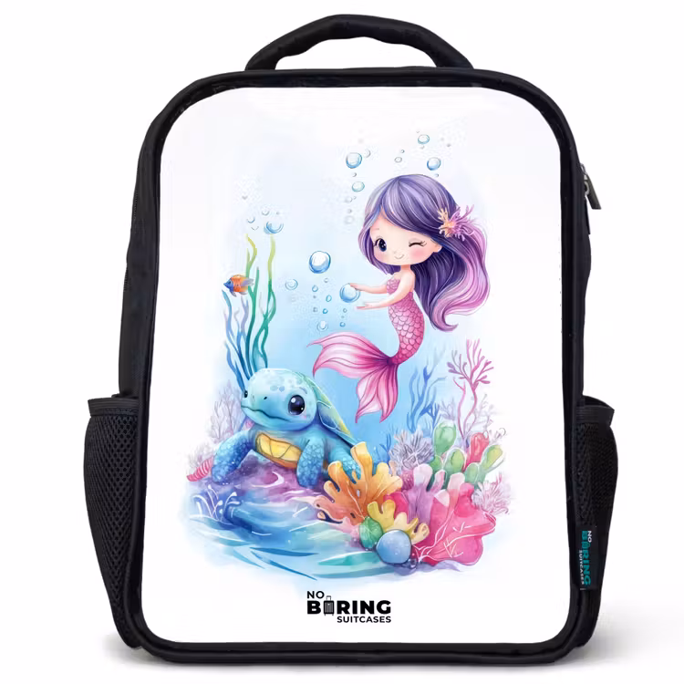 Kinderrucksack - Schwarz - Meerjungfrau mit blauer Schildkröte zwischen Korallen — 1
