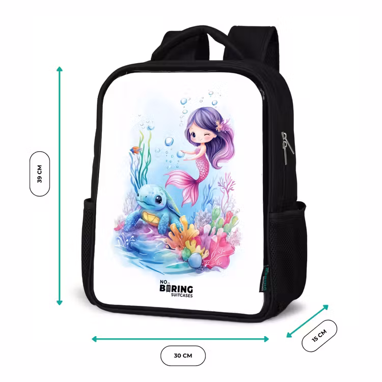 Kinderrucksack - Schwarz - Meerjungfrau mit blauer Schildkröte zwischen Korallen — 6