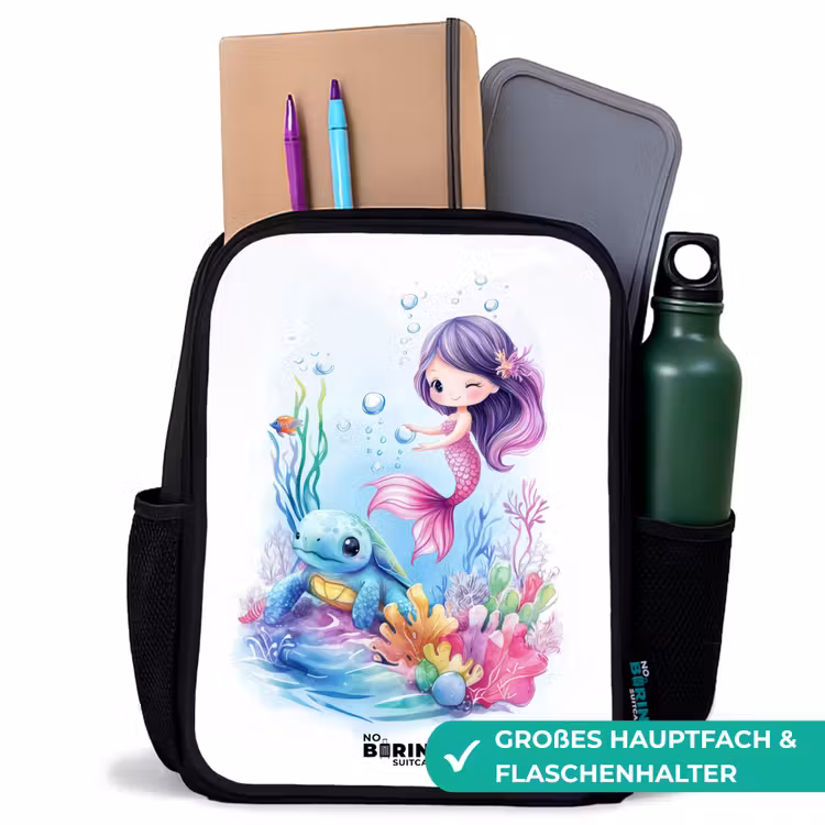 Kinderrucksack - Schwarz - Meerjungfrau mit blauer Schildkröte zwischen Korallen — 8