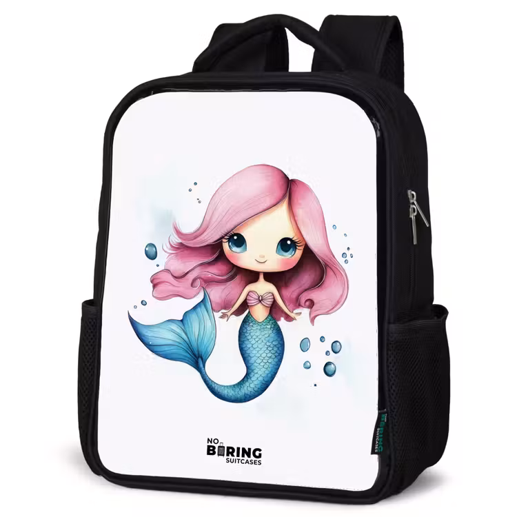 Kinderrucksack - Schwarz - Meerjungfrau mit rosa Haaren und blauem Schwanz zwischen Blasen — 4